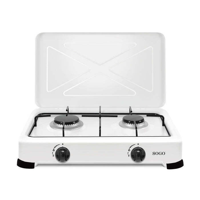 SOGO Fornello a Gas 2 Fuochi – Portatile, per Uso Esterno, GPL, 3.35 kW, Bianco Smaltato