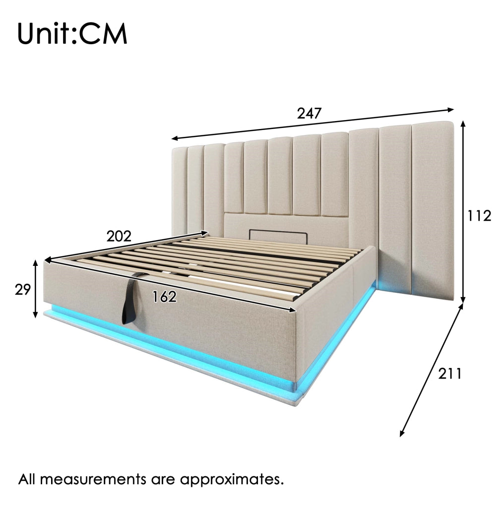 Letto matrimoniale imbottito 160x200 cm con contenitore; LED 360°; porte USB e Type-C; beige