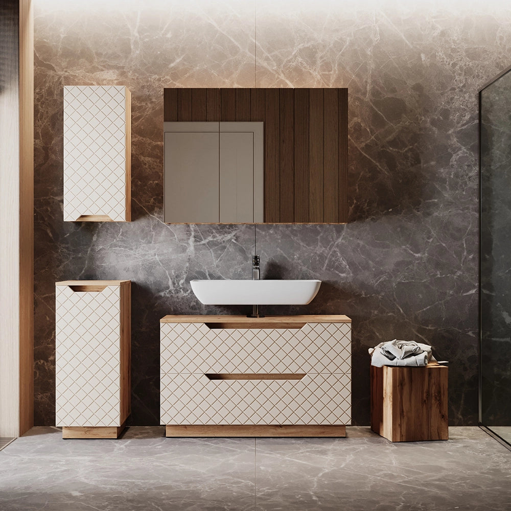 Vicco Set di mobili da bagno Rovere/cashmere con struttura in piastrelle 4 parti