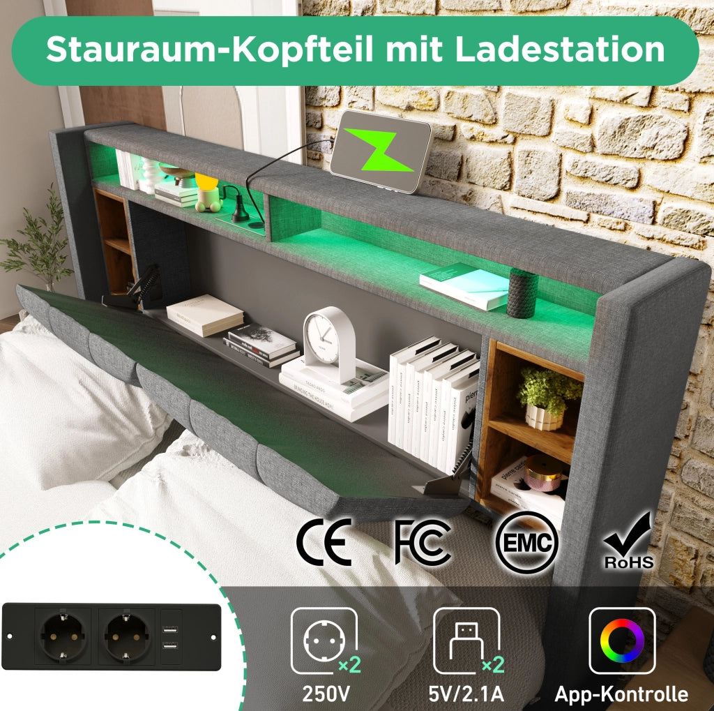 Letto matrimoniale imbottito con contenitore; LED e prese USB; 140x200 cm; grigio
