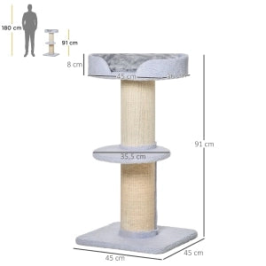Albero tiragraffi per gatti con piattaforma e palo in sisal, 45x45x91 cm, azzurro chiaro