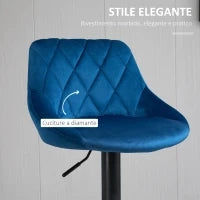Set 2 Sgabelli da Cucina di Design con Schienale e Poggiapiedi, Seduta in Velluto e Base in Metallo, 46x48x83-104cm, Blu