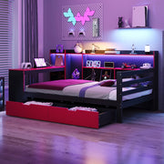 OKWISH Letto a Divano 90×200 cm, Letto Singolo con Scrivania, Libreria, 2 Cassetti, LED e Prese USB, senza Materasso, Nero e Rosso