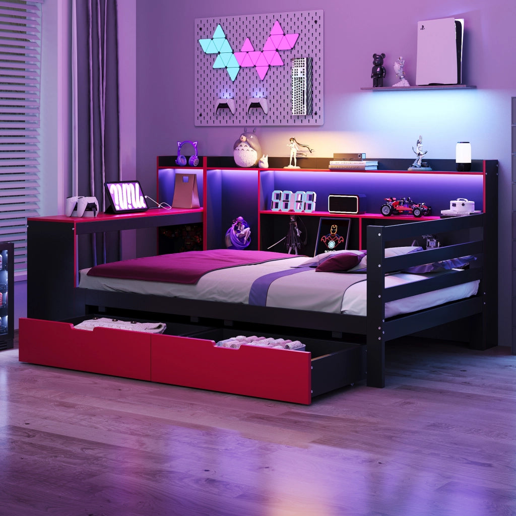 OKWISH Letto a Divano 90×200 cm, Letto Singolo con Scrivania, Libreria, 2 Cassetti, LED e Prese USB, senza Materasso, Nero e Rosso