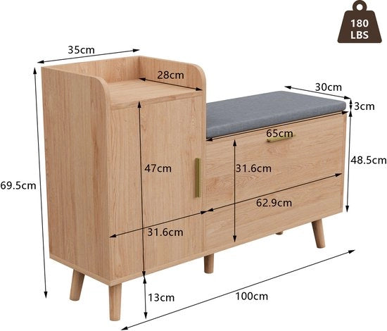 Cassettone per scarpe - Legno - Cassetto apribile - Spazio di stoccaggio - Banca per scarpe