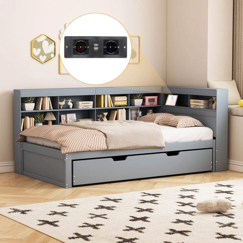 OKWISH Letto a Divanetto 90×200 cm, Letto Singolo con Letto Estraibile 90×190 cm, USB, Vani Contenitore e Mensole, senza Materasso, Grigio