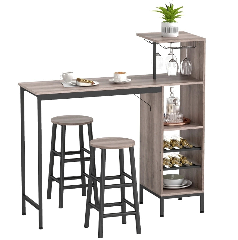 Set tavolo bar 3 pezzi 121.5x40x122 cm con portabottiglie e portabicchieri in MDF grigio