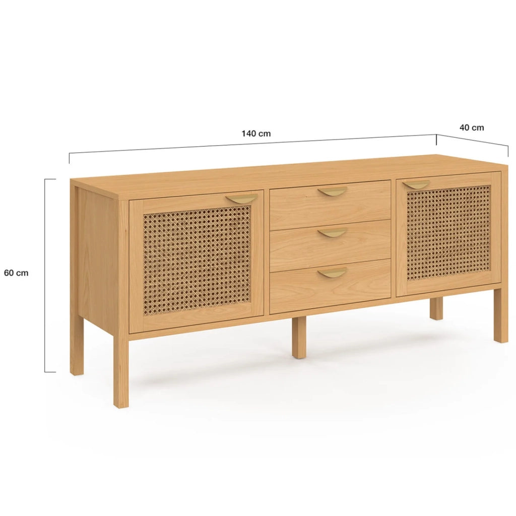 IDMarket - Credenza bassa EDHEN 140 cm, 2 ante e 3 cassetti, legno e vimini