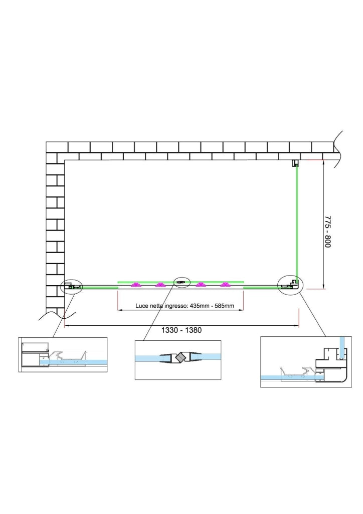 Box doccia 6 mm H 190 parete fissa e porta a 4 ante con apertura centrale MISURA 77,5-80 ANTA FISSA + PORTA 133-138