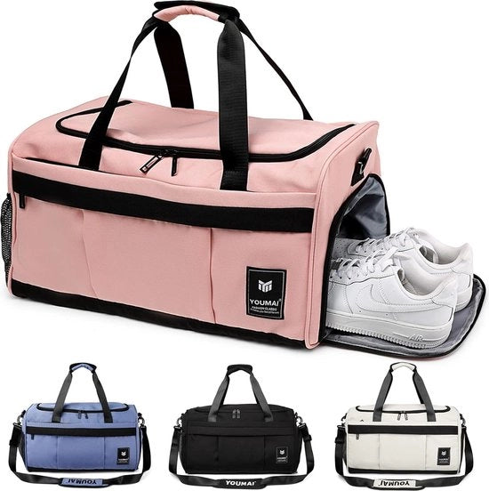 Tas da donna e uomo, 65 litri, sport bag con tasca per scarpe e sezione umida, grande capacità, borsa da viaggio, tuta da nuoto, tuta per la notte, borsa per il viaggio, sport, fitness, Rosa