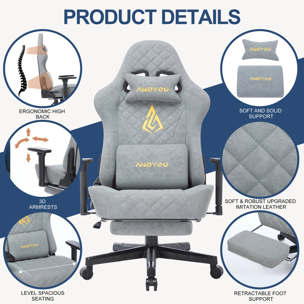 Sedia da Gaming Ergonomica Vintage ¨C Xylo ¨C Ecopelle PU Grigio
