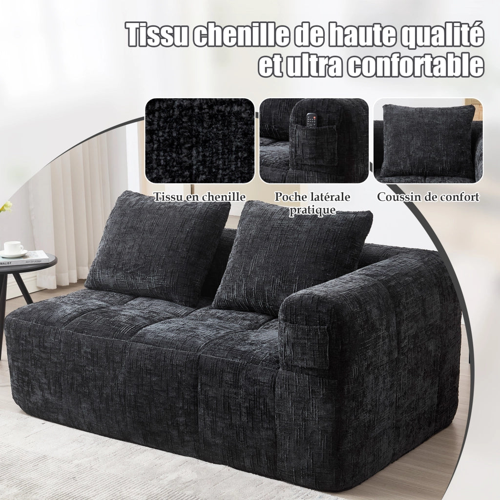Divano 2 Posti con Tasche Laterali e Cuscino; Stile Chaise Longue in Ciniglia Nero 158 x 90 x 60 cm