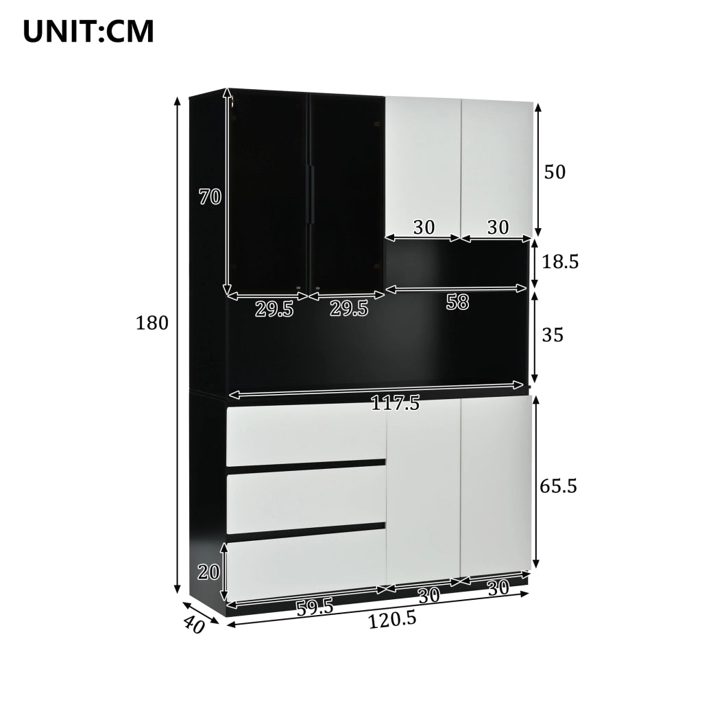 Credenza alta con LED, 6 ante, 3 cassetti e ripiani, per cucina e sala da pranzo, bianco e nero, 120.5 × 40 × 180 cm