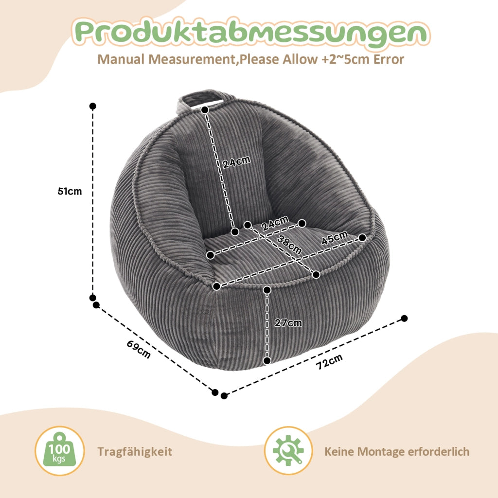 Pouf in velluto a coste con forma ergonomica e facile manutenzione per bambini grigio 40.0 × 31.0 × 20.0 cm