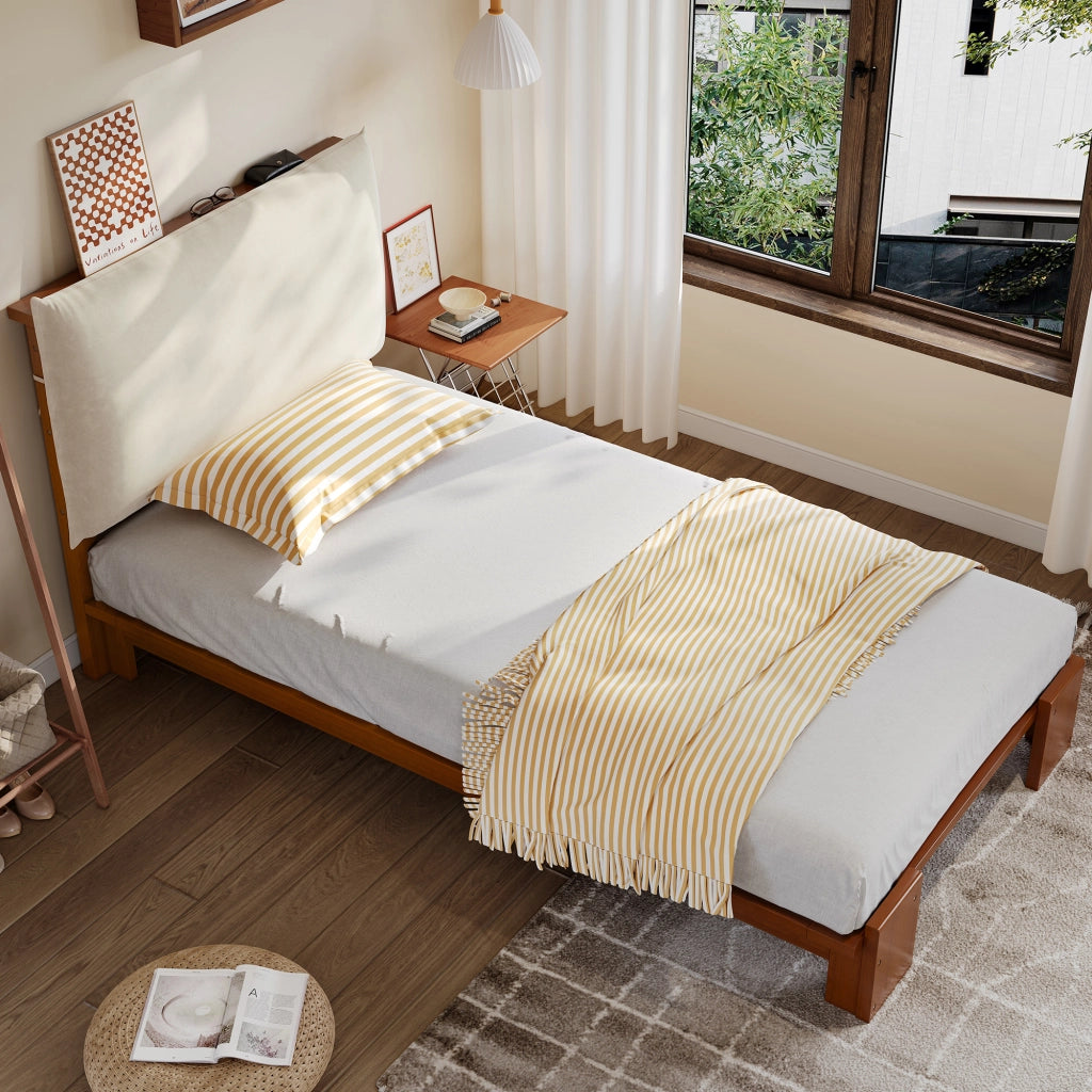 OKWISH Letto Bambino 90×200 cm, Letto Singolo con Schienale Imbottito con Chiusura a Strappo e Piedi Larghi, senza Materasso, Marrone