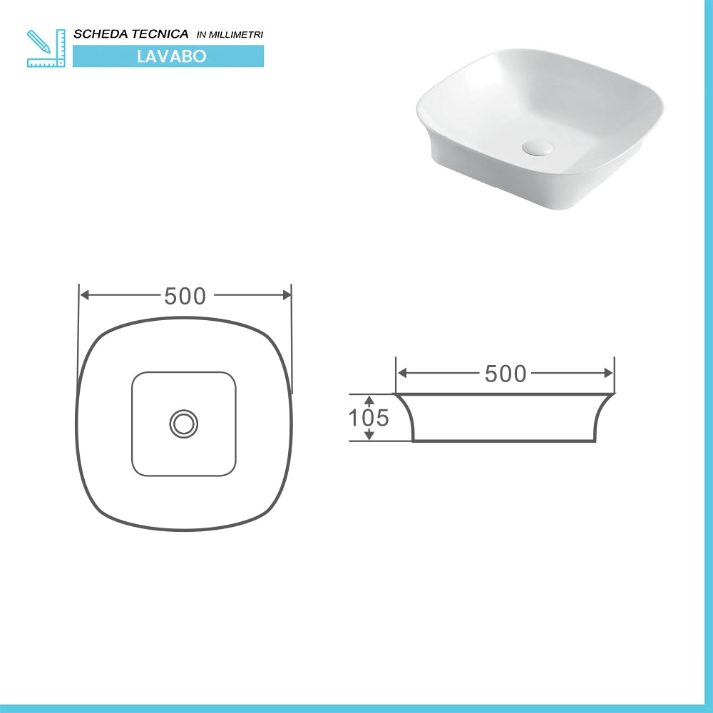 Lavabo da appoggio 50x50 quadrato in ceramica bianco lucido