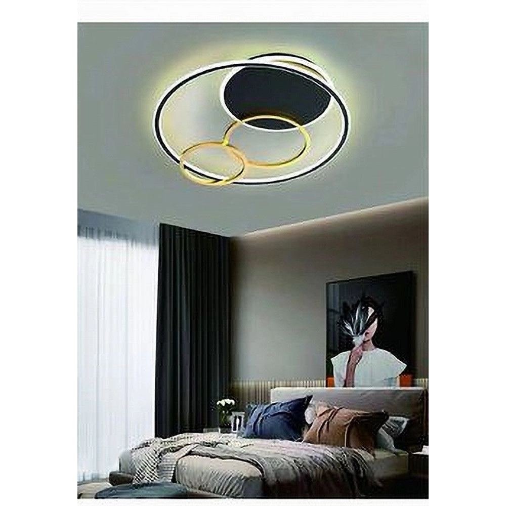 Trade Shop - Plafoniera Led 55w Tondo Con Cerchi Nero Oro Lampada Da Soffitto Luce 4000k 70876 -