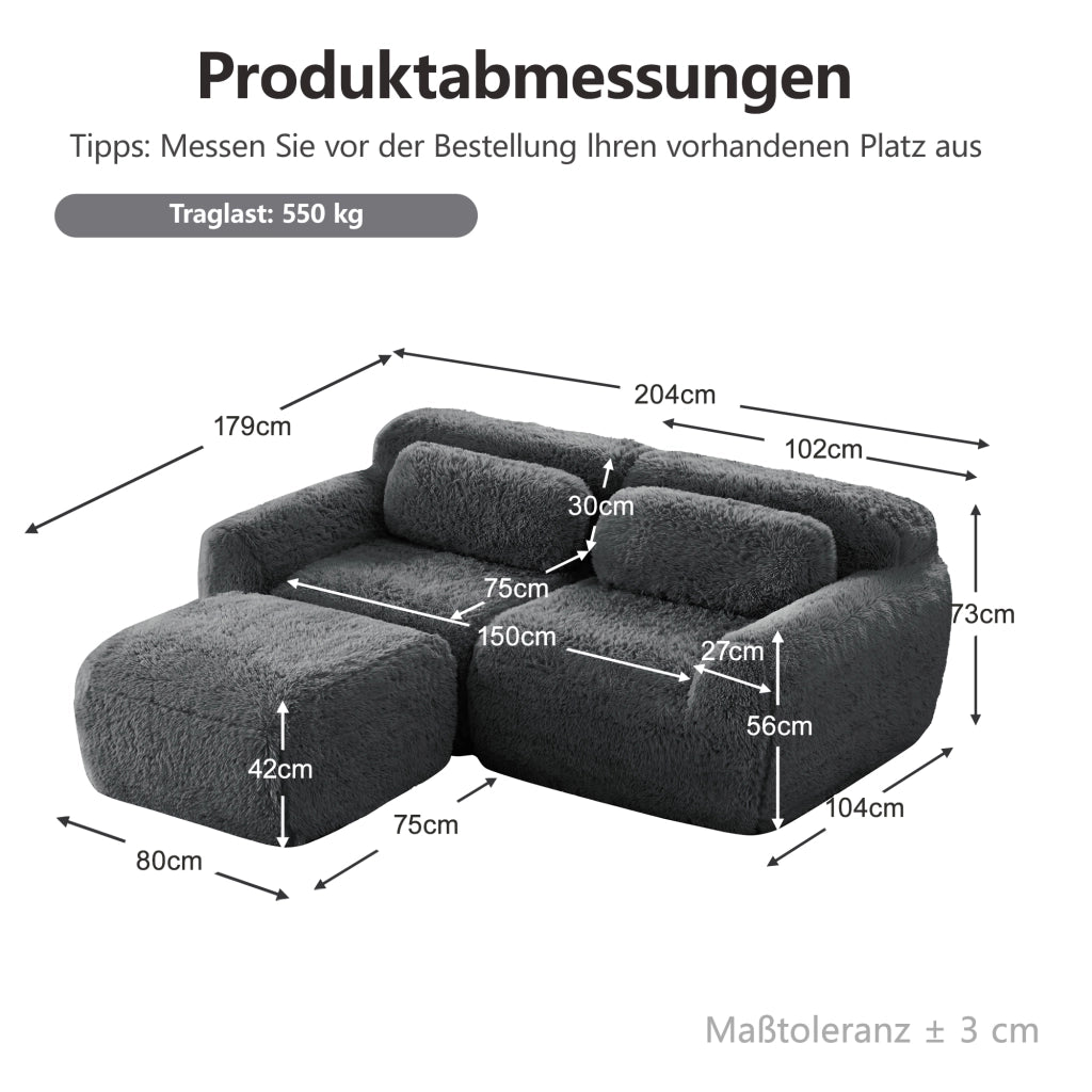 Divano Angolare Modulare 2 Posti con Cuscini, Design Senza Struttura, Base Antiscivolo, in Peluche Grigio