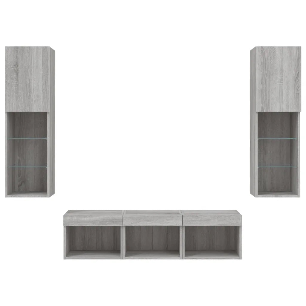 Mobili TV a Muro con LED 5pz | Armadietto TV | Mobile Porta TV Grigio Sonoma in Legno Multistrato
