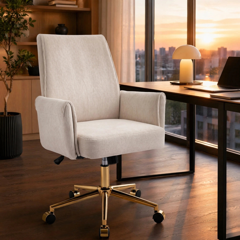 SEDIA ergonomica in velluto a coste bianca con base dorata