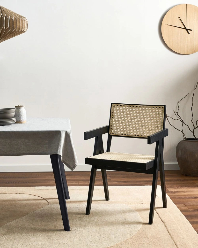Sedia da pranzo di design in legno e vimini naturale nera schienale minimalista soggiorno sala da pranzo