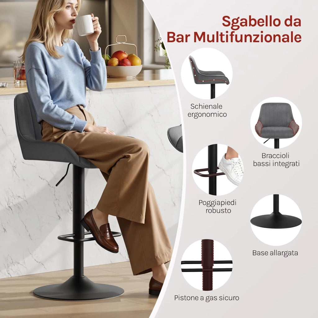 Sgabelli Cucina Set di 2 con Schienale e Braccioli, Sedie da Bar Girevoli, Altezza Regolabile, in Velluto di Latte, per Cucina, Bar, Ristorante, Grigio Scuro