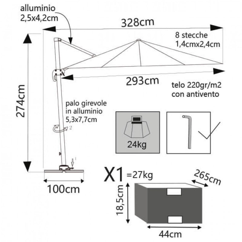 OMBRELLONE SATURNO TAUPE P/L 3 X 4 TELO TORTORA