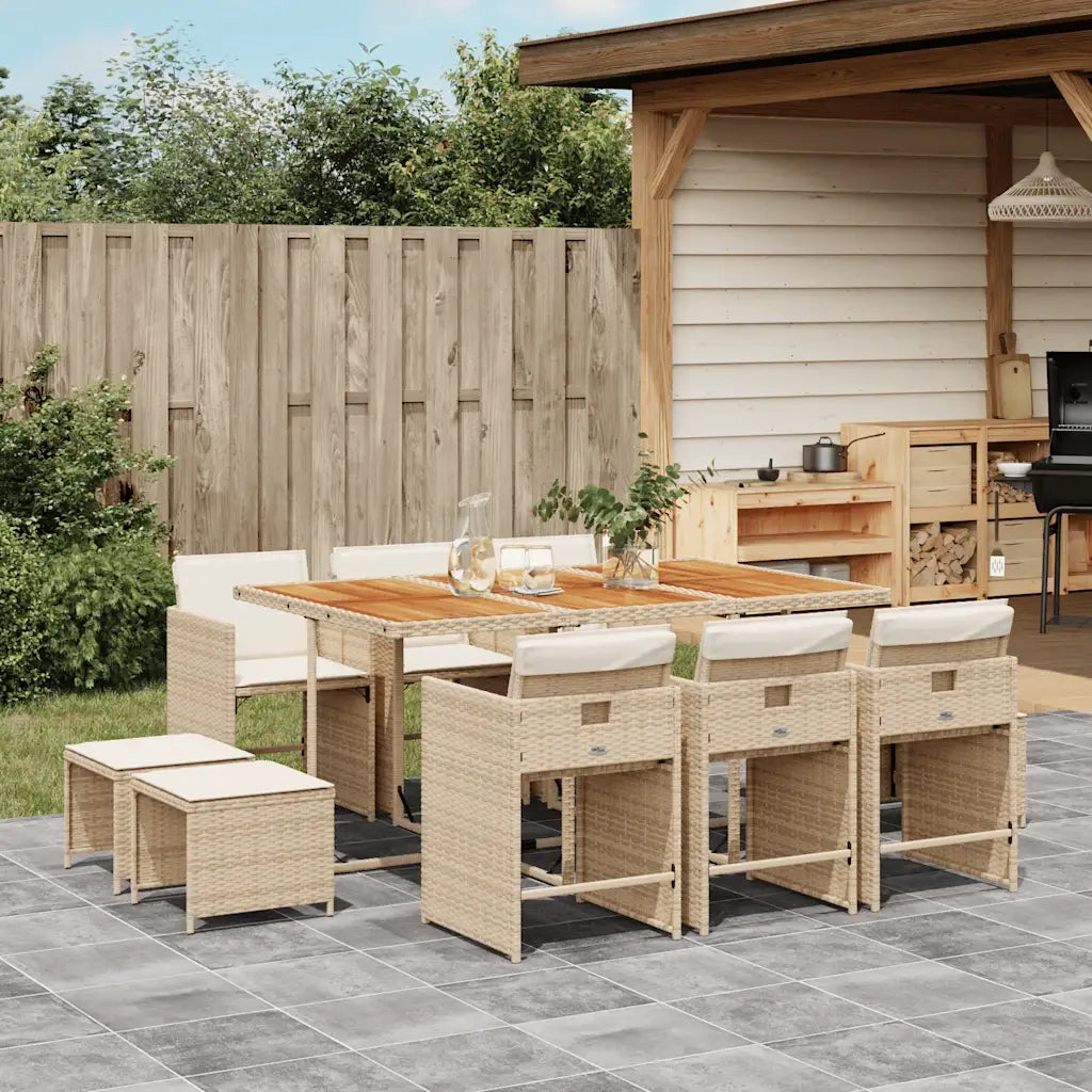 Set da Pranzo da Giardino 11 pz con Cuscini Beige in Polyrattan