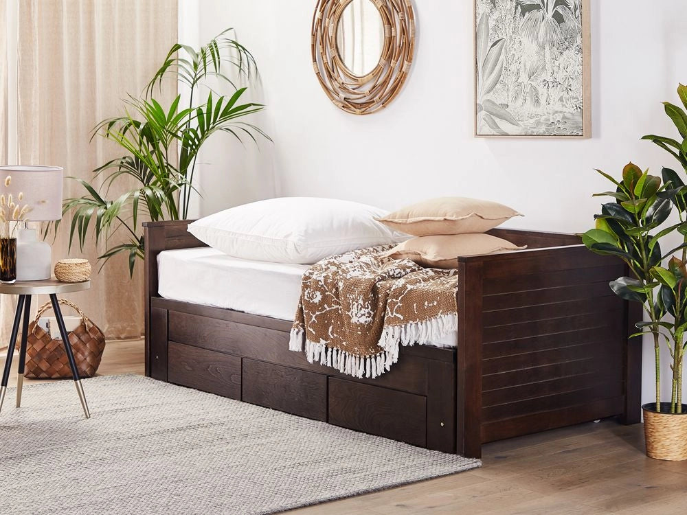 Letto Allungabile Legno MDF di colore Marrone 3 Cassetti a Doghe 90/180 x 200 cm