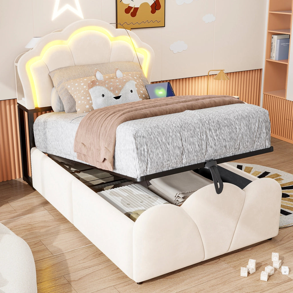 Letto imbottito 90x200 cm con vano contenitore idraulico e LED beige
