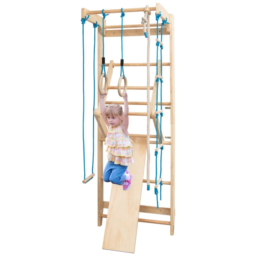 Spalliera multifunzionale per ginnastica 80 x 60 x 220 cm con barra per trazioni e accessori in legno di pino naturale 20_0018305