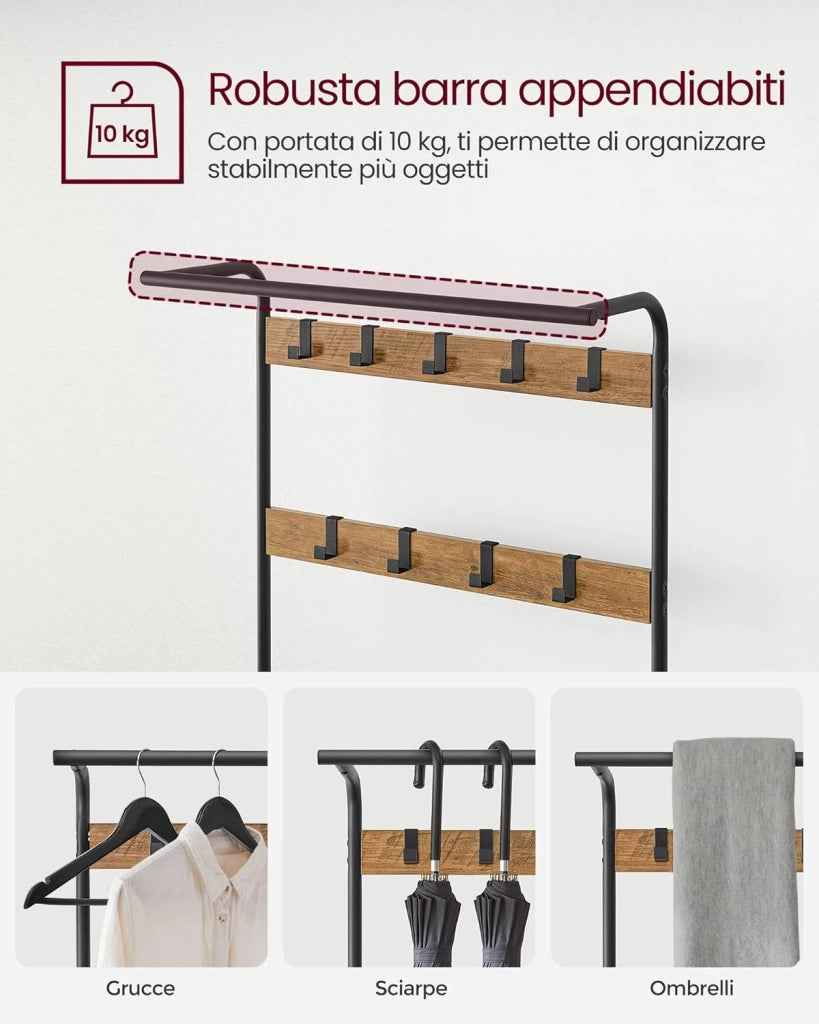 VASAGLE Appendiabiti con Scarpiera, Mobile da Ingresso con Panca, 4 in 1, 9 Ganci Rimovibili, Barra Attaccapanni, Entrata Corridoio, 33,7 x 77 cm, Industriale, Noce Medio e Nero HSR040B41