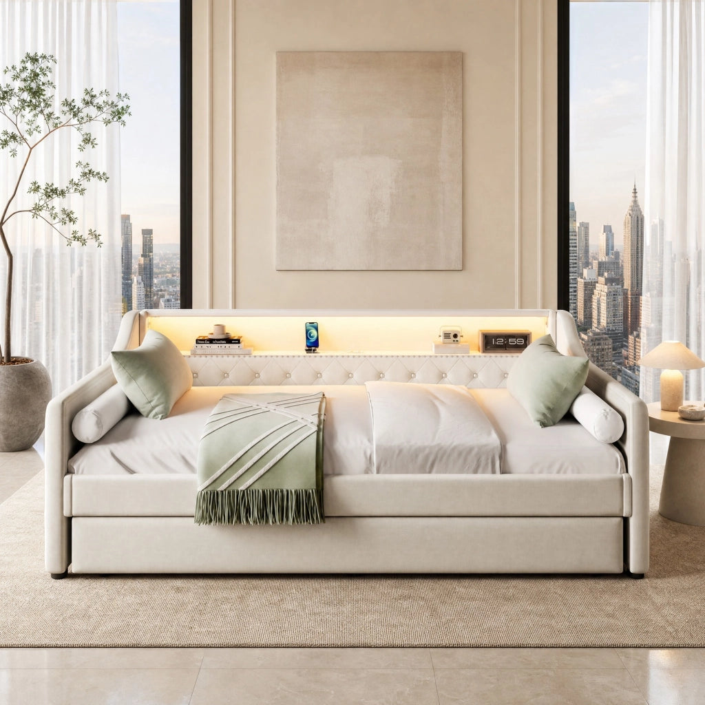 Divano letto con letto estraibile, LED e USB, 90 x 200 cm