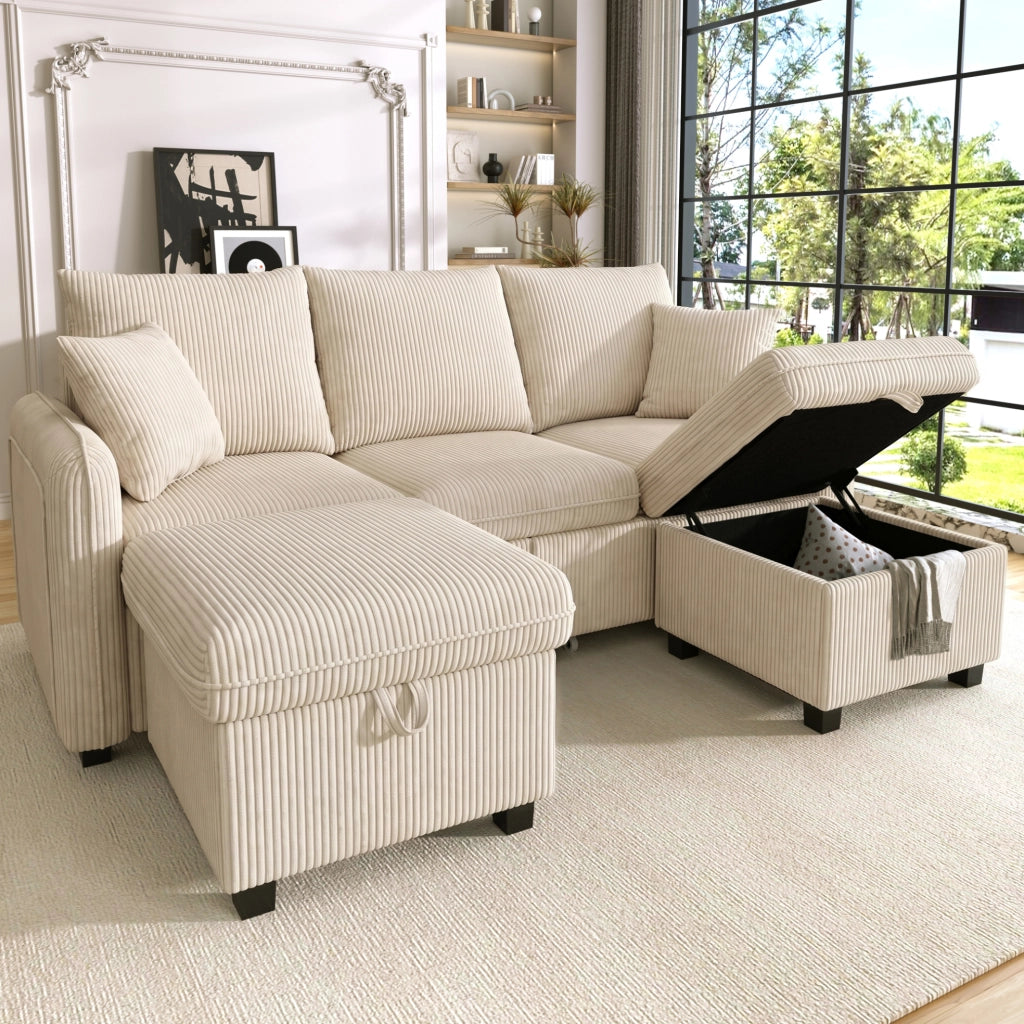 Divano 3 posti modulare con 2 pouf contenitore; tessuto cord beige; 188x186x86 cm