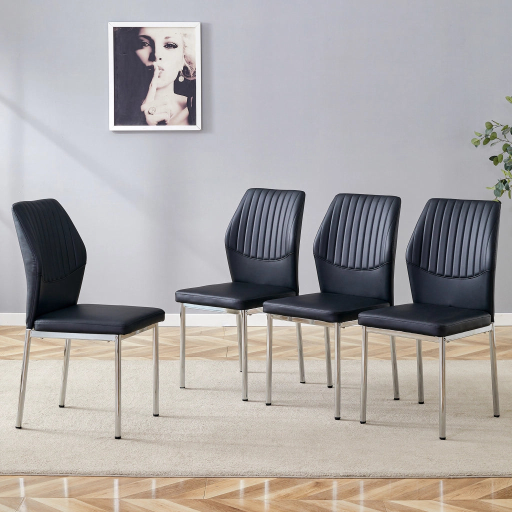 Sedie da pranzo moderne, 4 pezzi in PU nero con schienale a coste e gambe in metallo argentato