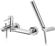 Rubinetto suvi esterno vasca dotato di kit doccia, design tondeggiante raffinato e minimale.