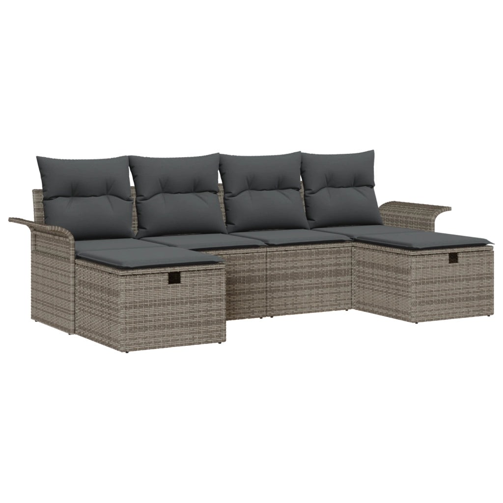Set di Divano da Giardino da 6 Pezzi con Cuscini Grigio Rattan Sintetico