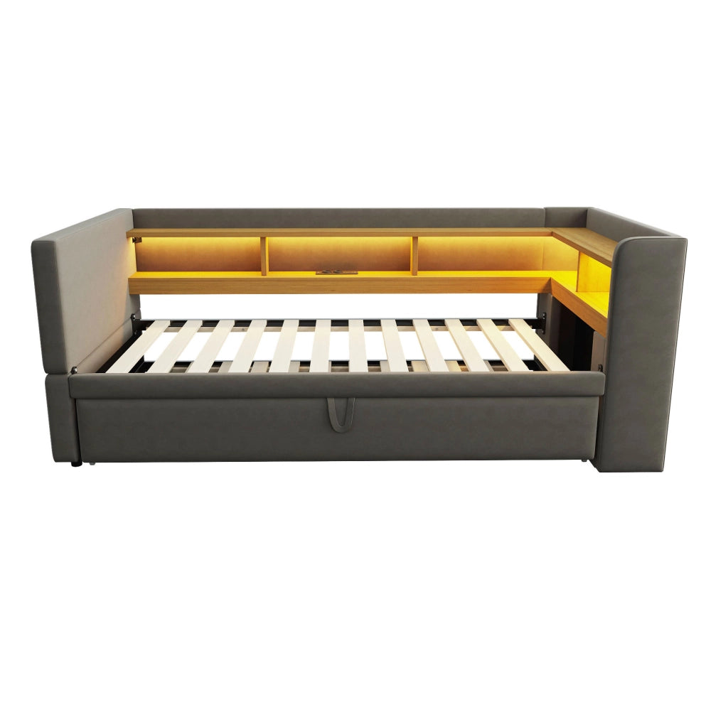 Divano Letto Imbottito 90/180 x 190 cm Grigio Scuro con LED e Prese