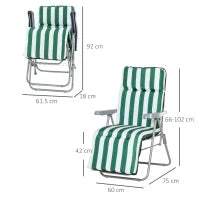Sedia Sdraio da Spiaggia da 2 Pezzi Pieghevole e Reclinabile, Lettini Prendisole da Giardino con Cuscino Imbottito, Verde e Bianco