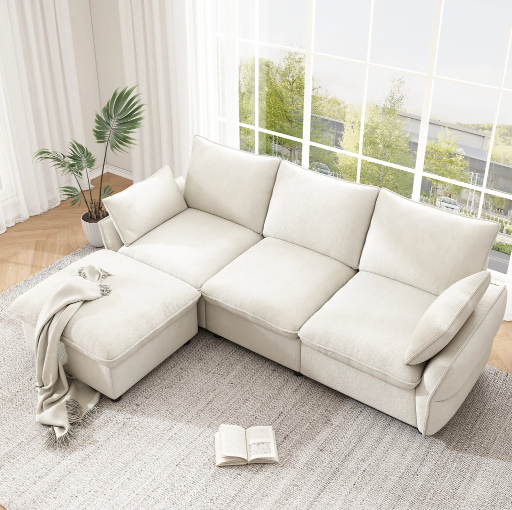 Divano angolare a L in ciniglia beige con pouf, 222,5 cm
