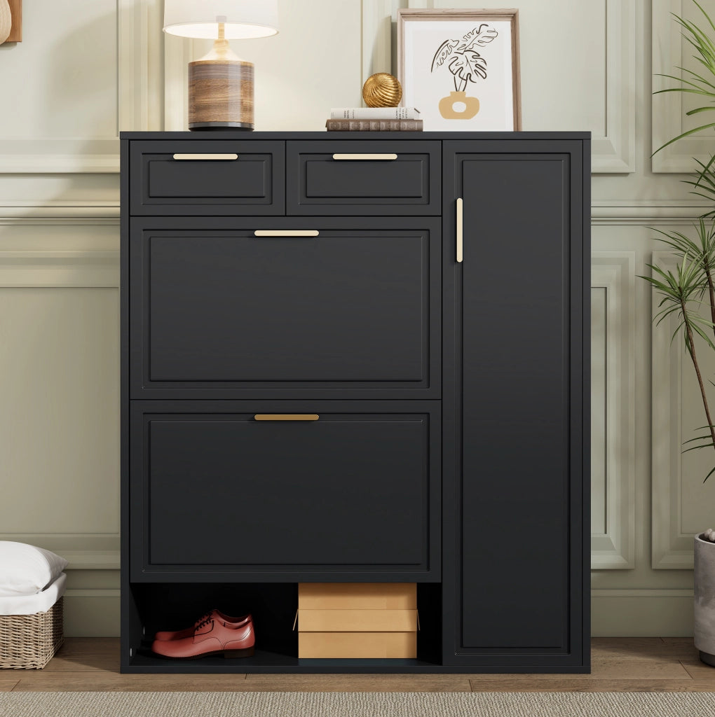 Scarpiera moderna nera con ripiani regolabili, cassetti e ante per 10-15 paia di scarpe