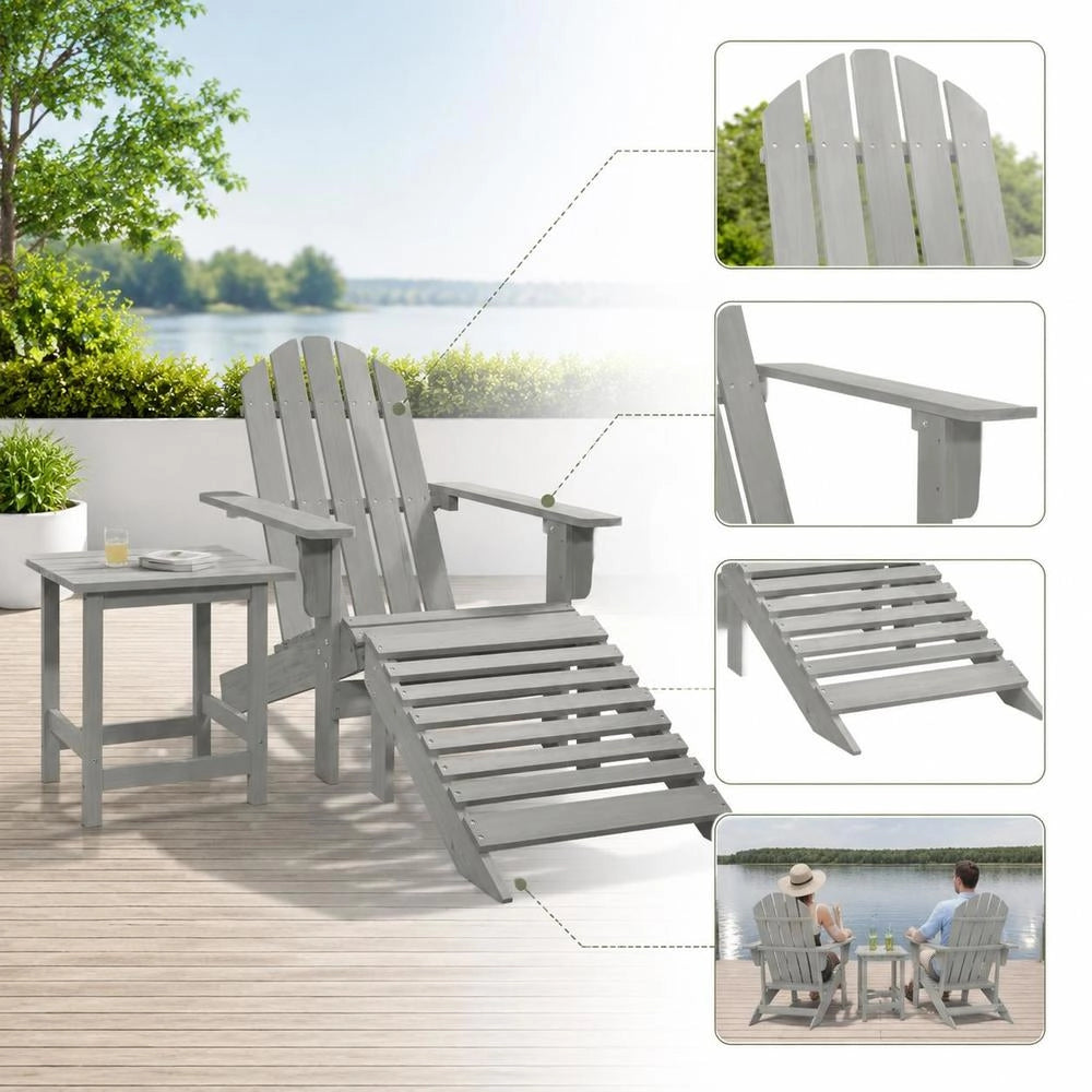 Adirondack Garden Chair With Footrest & Table, Fir Wood, Grey
