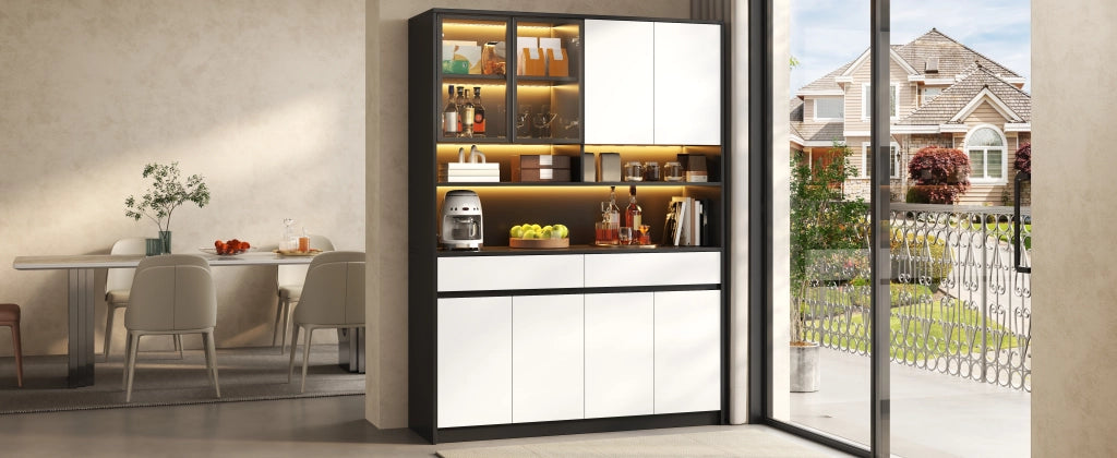 Credenza alta con LED e ante in vetro, 8 ante, 2 cassetti e vani aperti, per soggiorno, in MDF, 120 × 38 × 160 cm