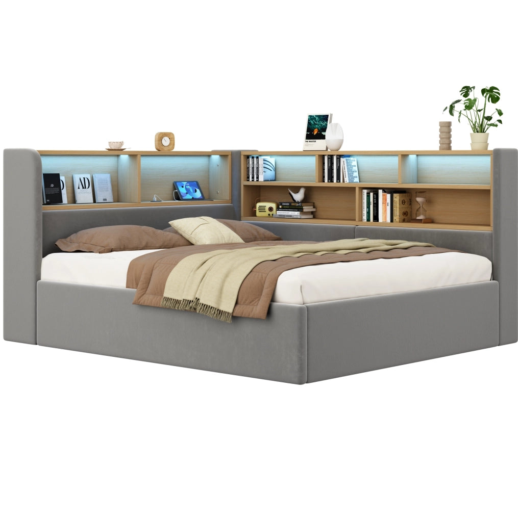 Letto imbottito grigio in velluto con contenitore, LED e USB-C