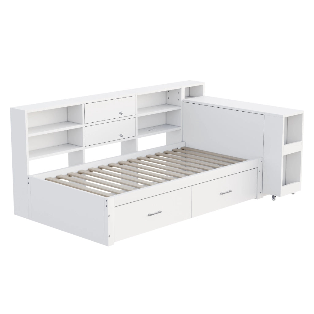 Letto singolo 90×200 cm con contenitore; 2 USB; scrivania estraibile e cassetti; senza materasso; bianco