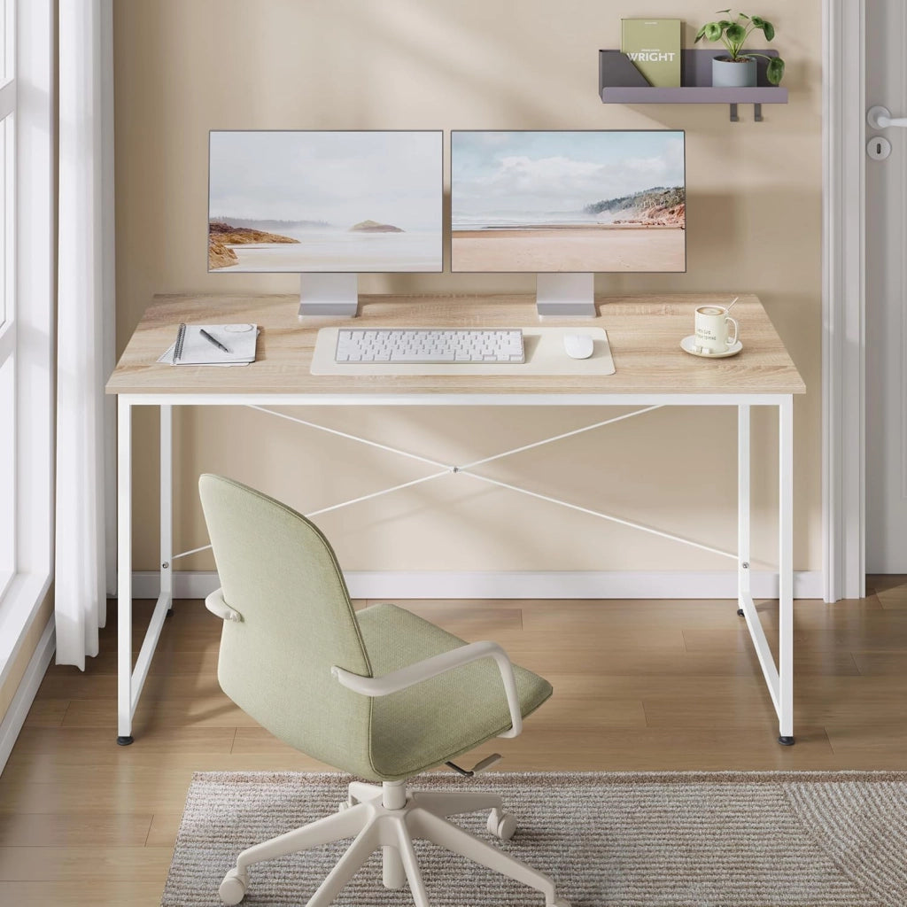 Scrivania per Computer Piccola, 140x60 cm, Struttura in Metallo, per Ufficio Casa Studio Camera da Letto, in Materiale a Base di Legno, Rovere Chiaro
