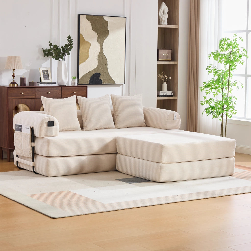 DIVANO modulare in velluto a coste 200x190x67 cm beige con pouf e 3 cuscini
