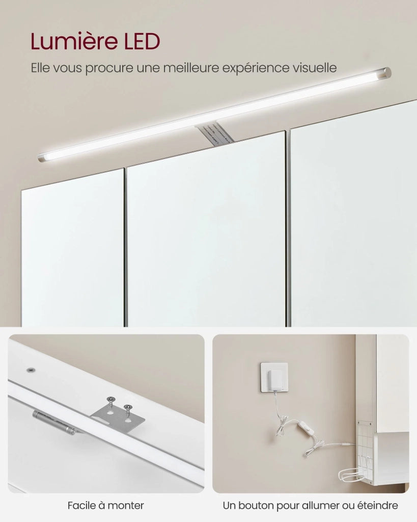 Mobiletto da bagno sospeso con specchio 14,5 x 70 x 70 cm con luce LED 3 ante ripiano regolabile portaphon stile moderno chic bianco 12_0004038