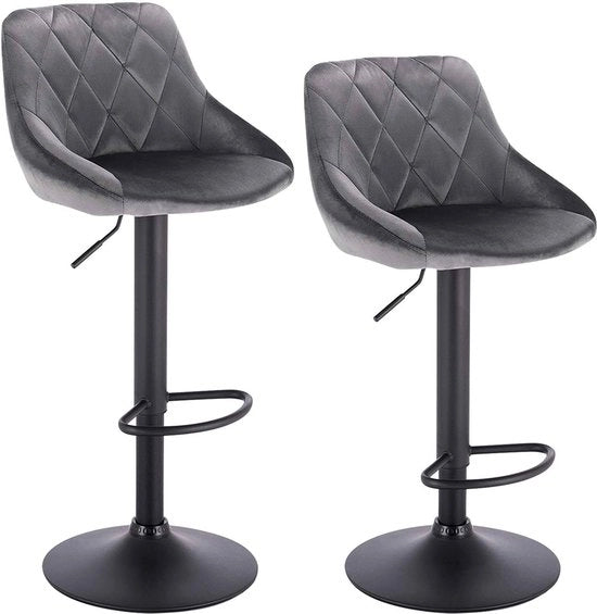 Bar con schienale ergonomico - con imbottitura in velluto - altezza seduta 60 - 82cm - grigio - set da 2 - cucina e bar - regolabile in altezza