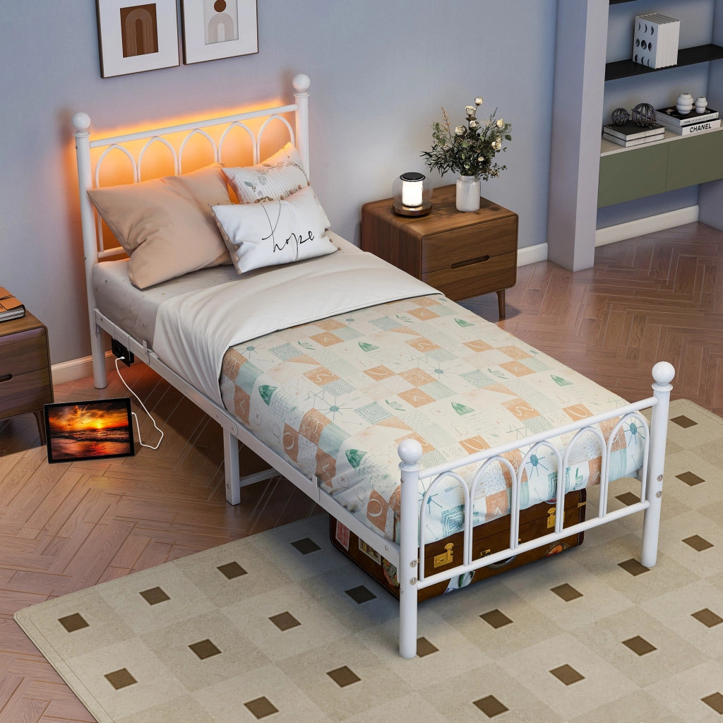 Letto singolo 90 × 200 cm con LED, 2 USB e presa, testiera alta, contenitore sotto letto, senza materasso, bianco